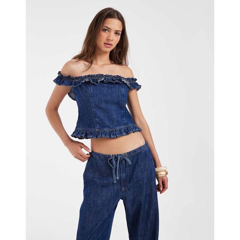 ASOS DESIGN frill bardot denim top co ord in mid blue