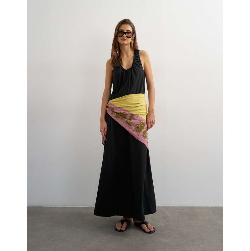 Topshop cotton poplin ruched neck maxi sundress in black