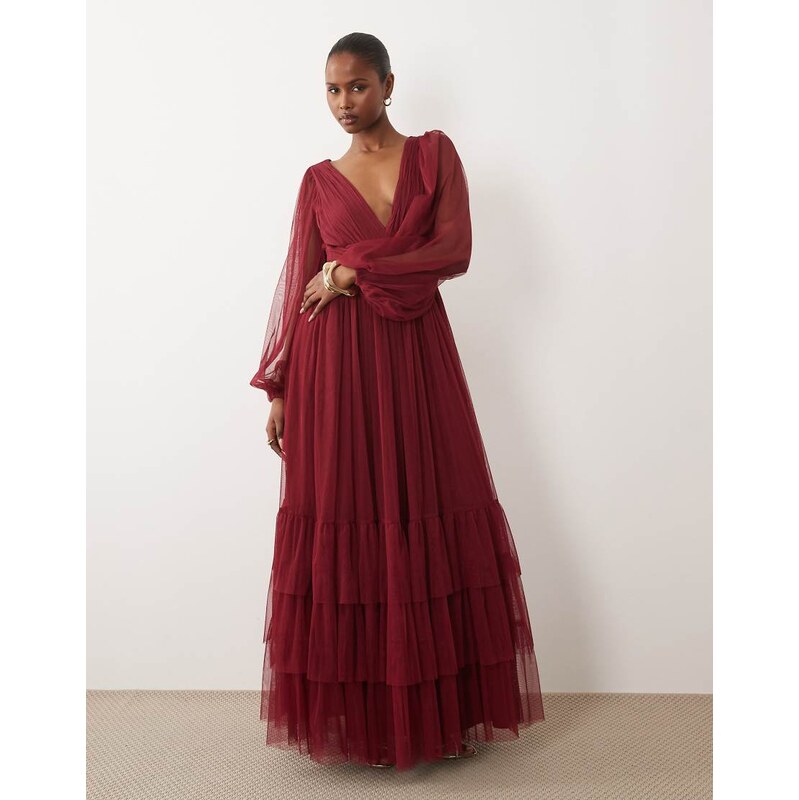 Lace & Beads Madison tulle smocked plunge neck balloon sleeve