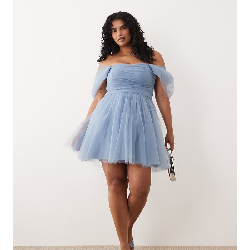 Lace & Beads Plus off shoulder tulle mini dress in steel blue