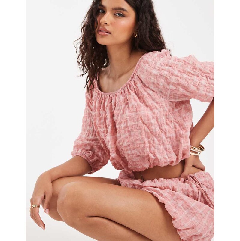 ASOS DESIGN bubble top in pink yarn dye check-Multi