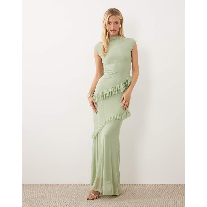 ASOS DESIGN mesh frill scarf maxi dress with cap sleeve in sage