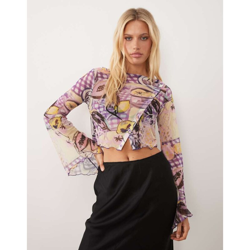 ASOS DESIGN co-ord printed mesh angel sleeve button through top