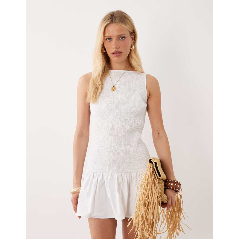 ASOS DESIGN shirred drop waist mini dress in white
