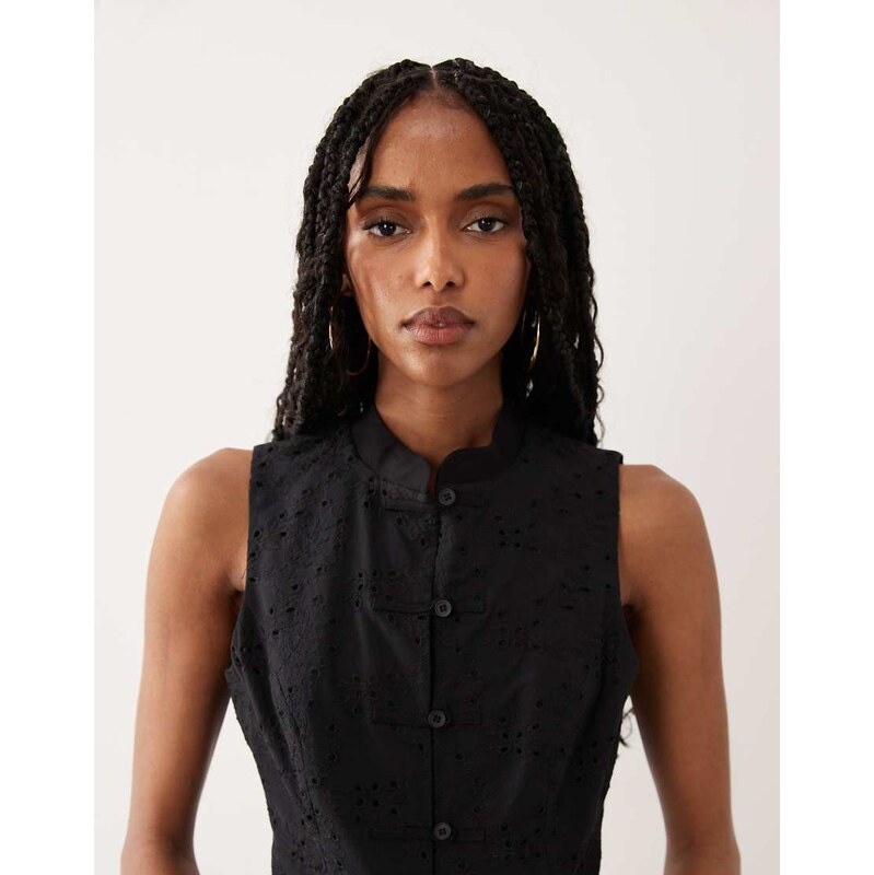 ASOS DESIGN broderie mandarin collar tank top in black
