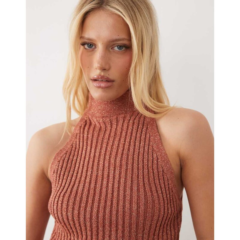 ASOS DESIGN metallic knitted asymmetrical halter top in red
