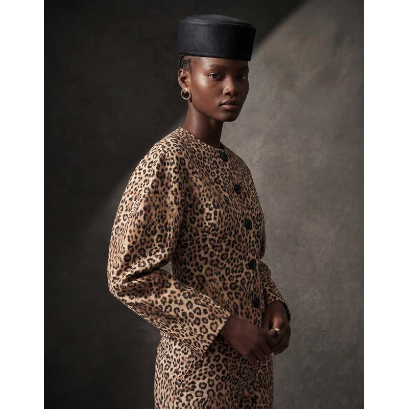 ASOS DESIGN cropped cinched blazer in leopard print co ord-Multi
