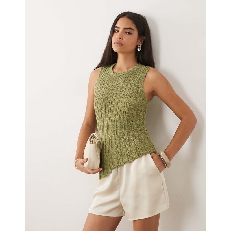 ASOS DESIGN knitted ladder stitch asymmetrical top in khaki