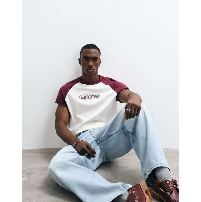 ASOS DESIGN boxy relaxed t-shirt with text graphic in off white