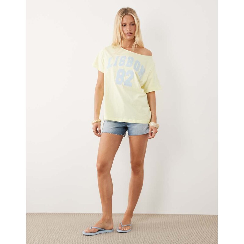 ASOS DESIGN off shoulder top with Lisbon applique graphic in