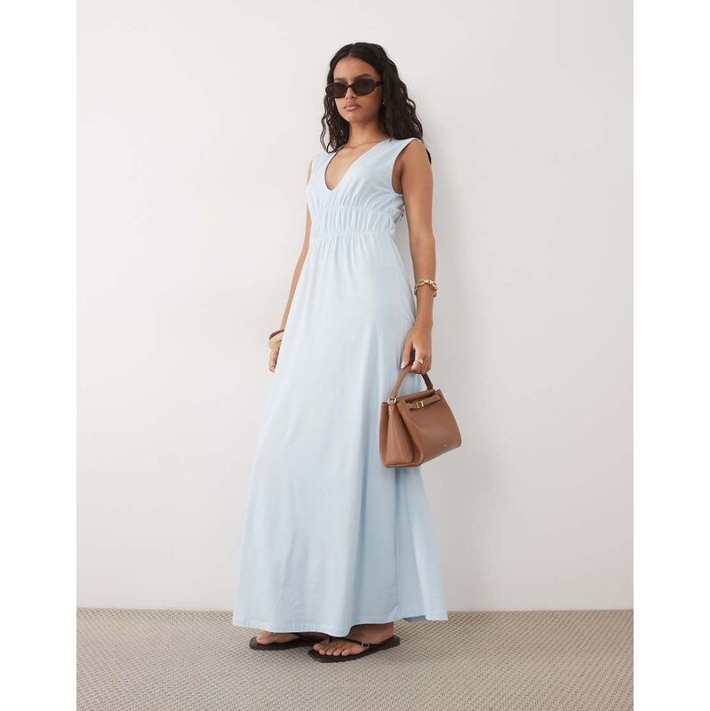 ASOS DESIGN ruched bodice plunge maxi dress in dusty blue-Yellow