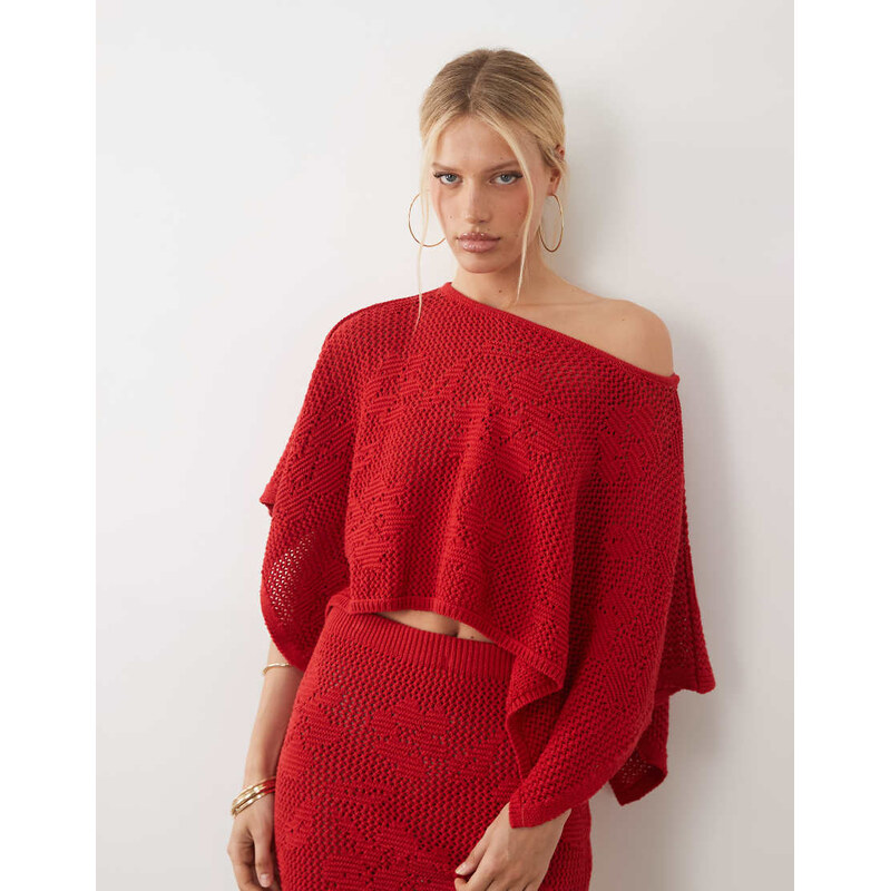 ASOS DESIGN knitted floral lace poncho co-ord in red