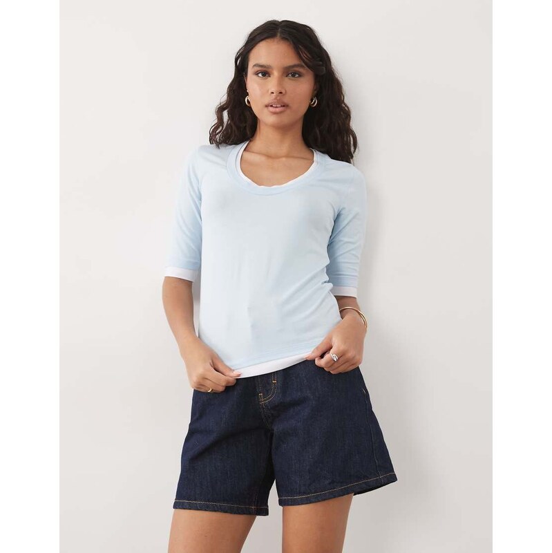 ASOS DESIGN short sleeve double layer low back top in light blue
