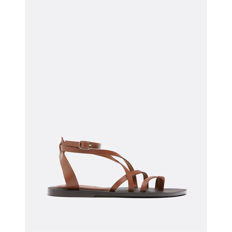 Stradivarius Flat leather tie-up sandals in brown