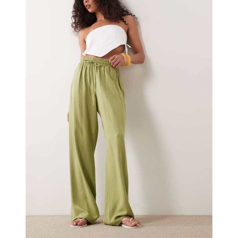 ASOS DESIGN linen blend wide leg pull on trouser in olive-Green