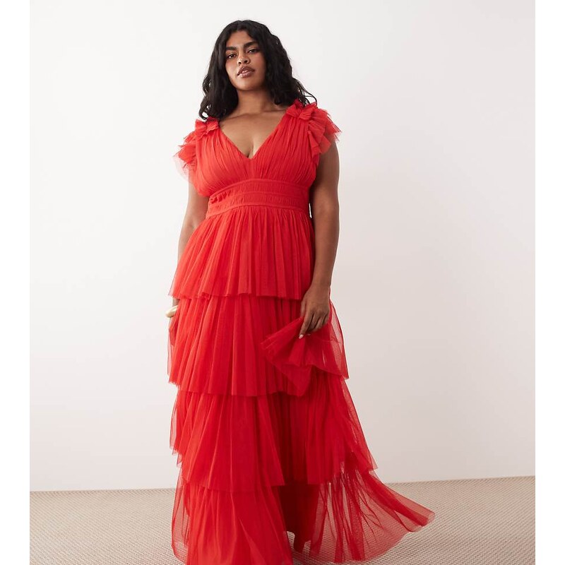 Lace & Beads Plus tulle ruffle detail tiered maxi dress in red