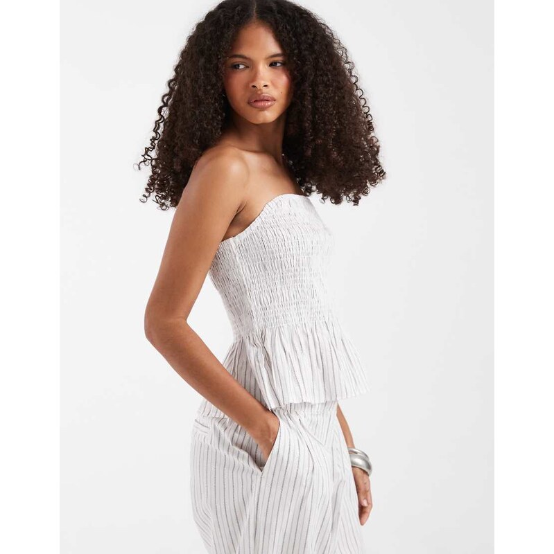 Vero Moda poplin shirred peplum hem bandeau top co-ord in white