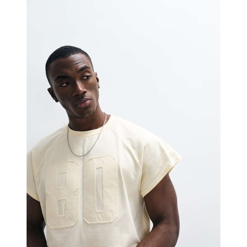 ASOS DESIGN boxy relaxed t-shirt with 80 applique in beige