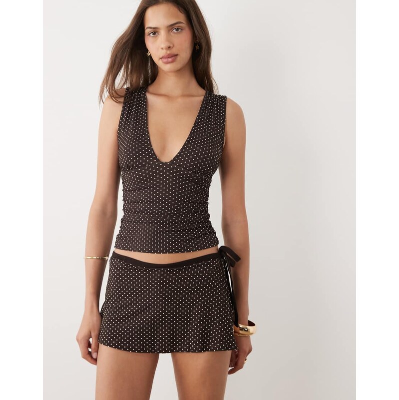 Motel Lycia plunge top in micro polka brown co-ord
