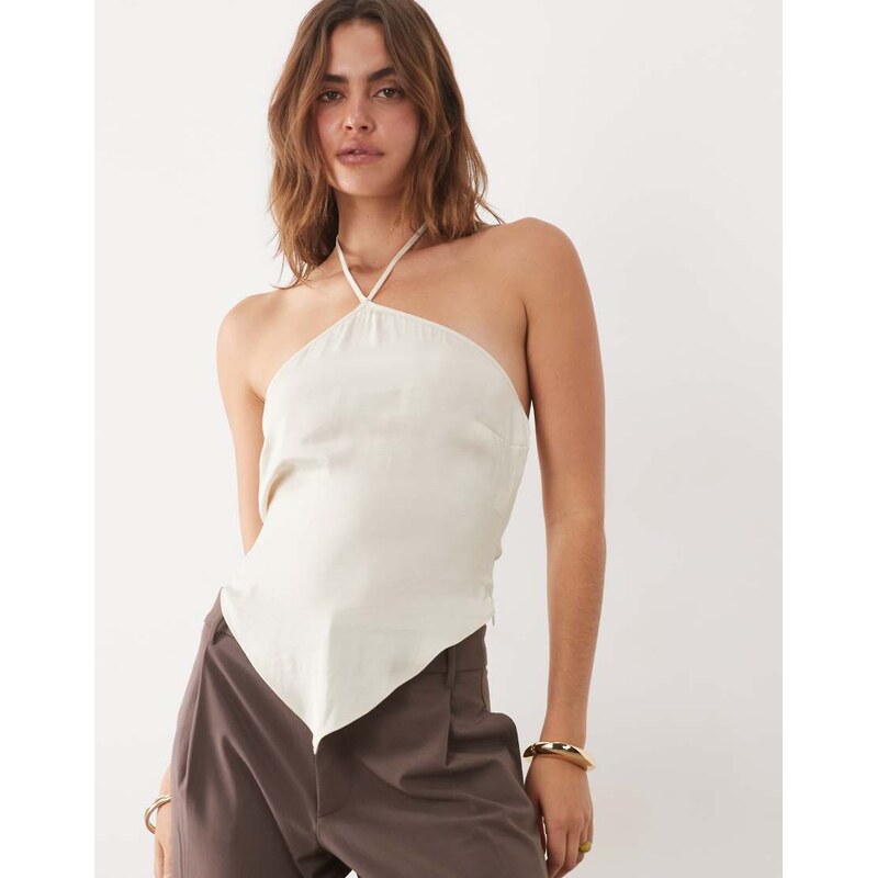 ASOS DESIGN satin halter neck top in ecru co ord-White