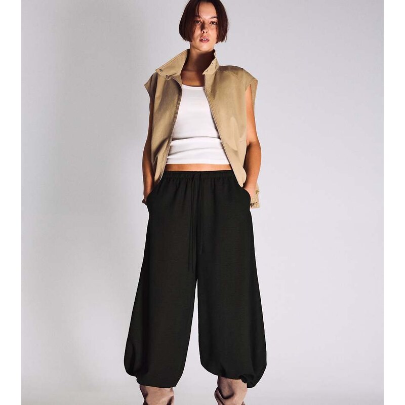 Bershka Tall rustic sarouel trousers in black