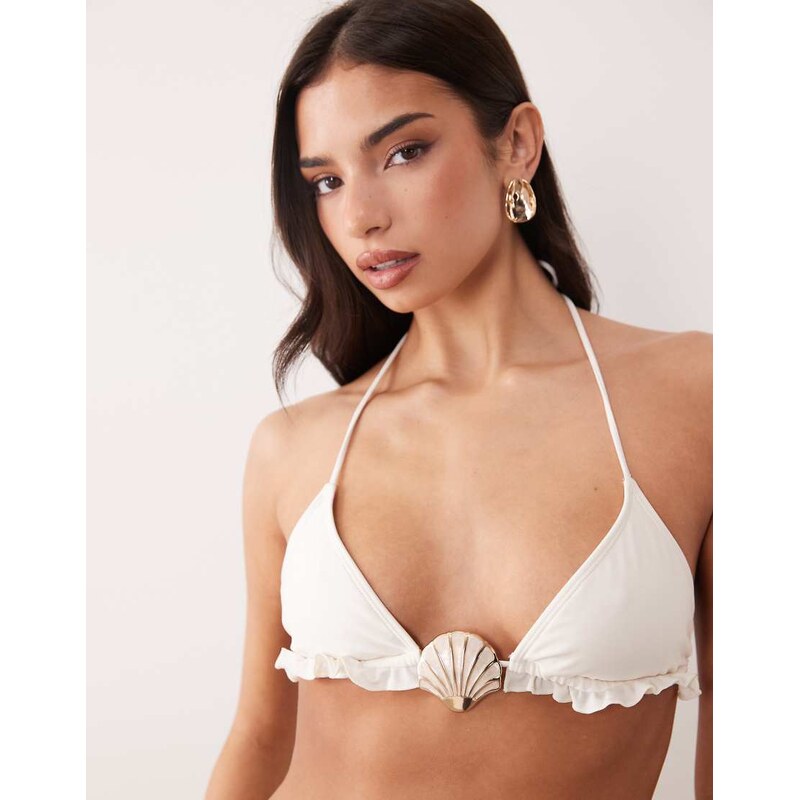 South Beach triangle bikini top with shell detail in white