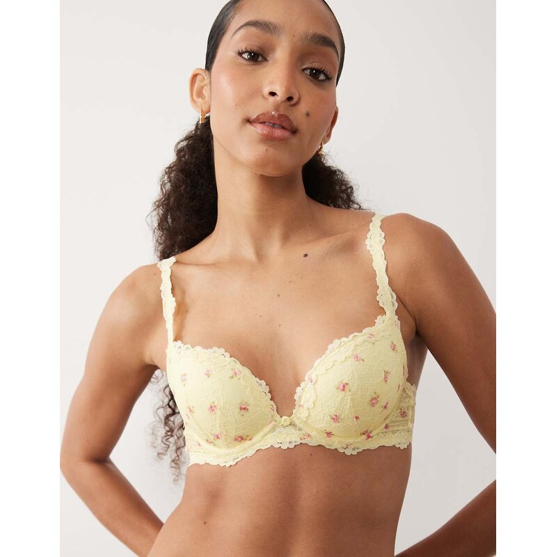 New Look floral lace trim bra in yellow