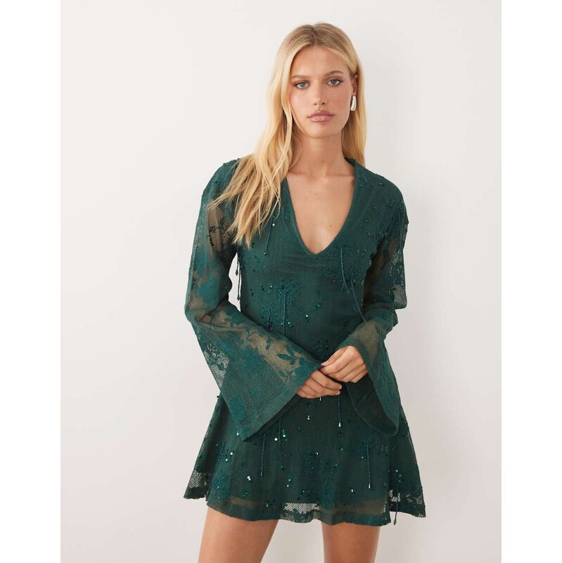 ASOS DESIGN embellished crochet plunge mini dress with long