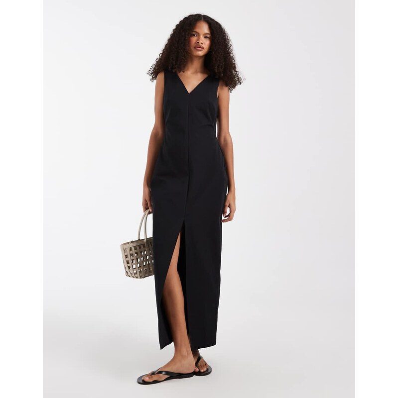ASOS DESIGN V-neck column midi dress with double split in black