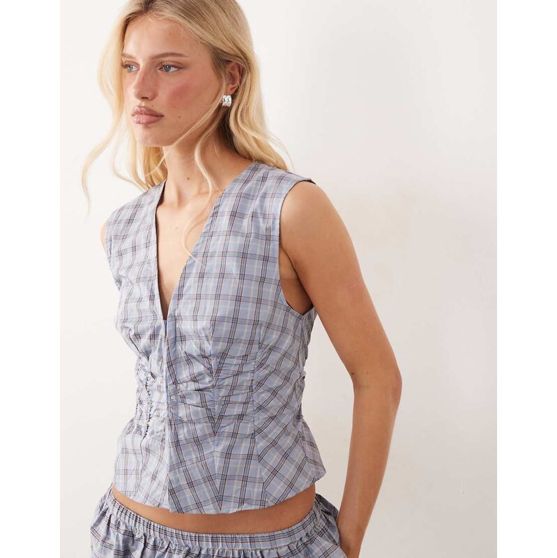 Mango Cumin ruched sleeveless top co-ord in blue check
