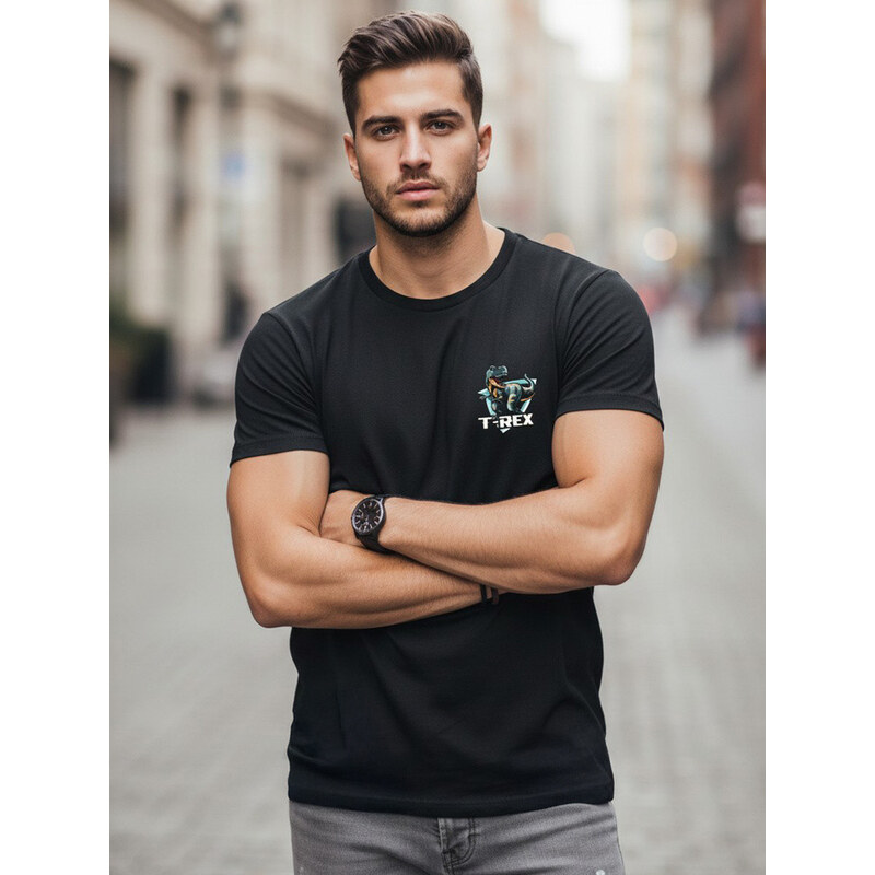 Pánské bavlněné tričko s potiskem dinosaurů černé FashionStreet