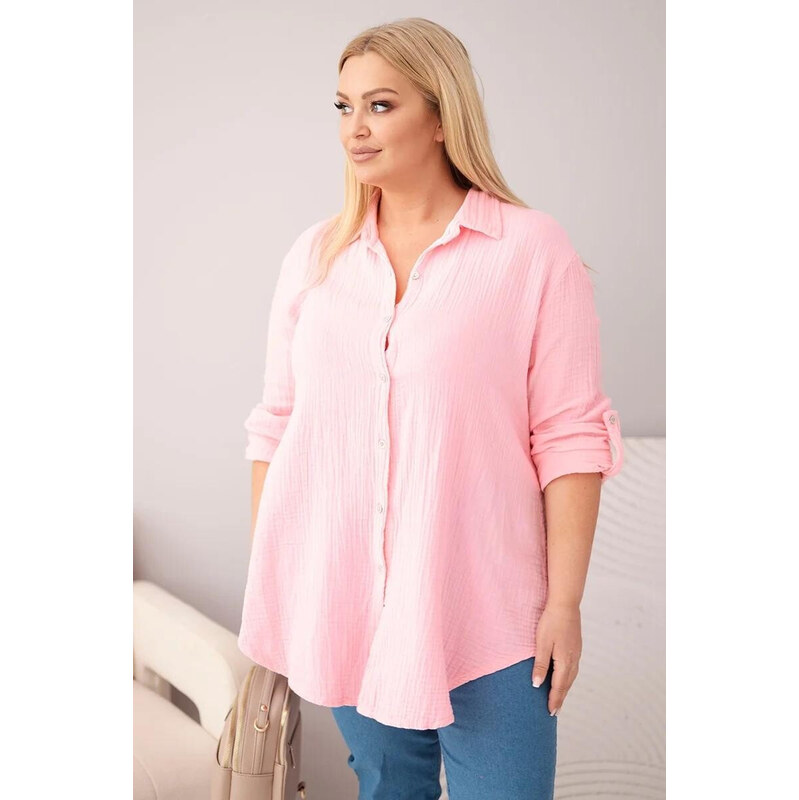 Bavlněná mušelínová košile Plus Size 65622 baby růžová - Kesi