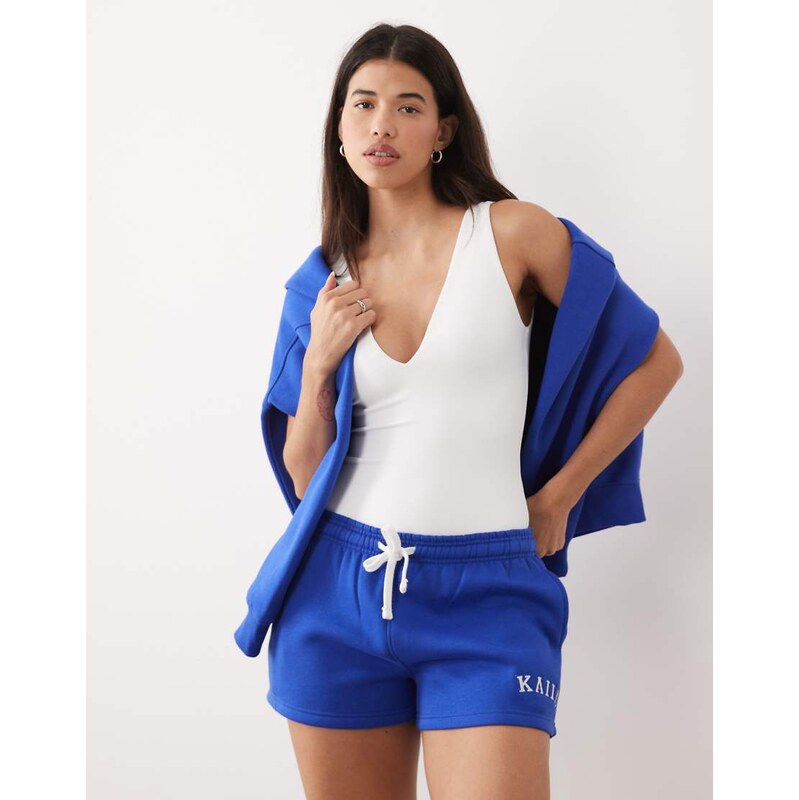 Kaiia cotton rich embroidered logo sweat shorts co-ord in cobalt