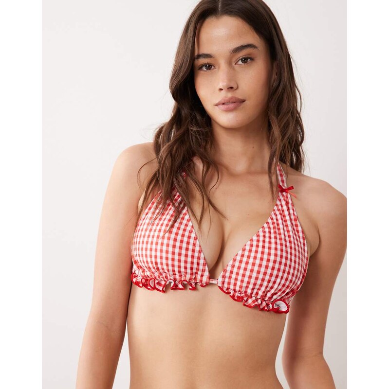 Peek & Beau triangle bikini top with bow detail in red gingham