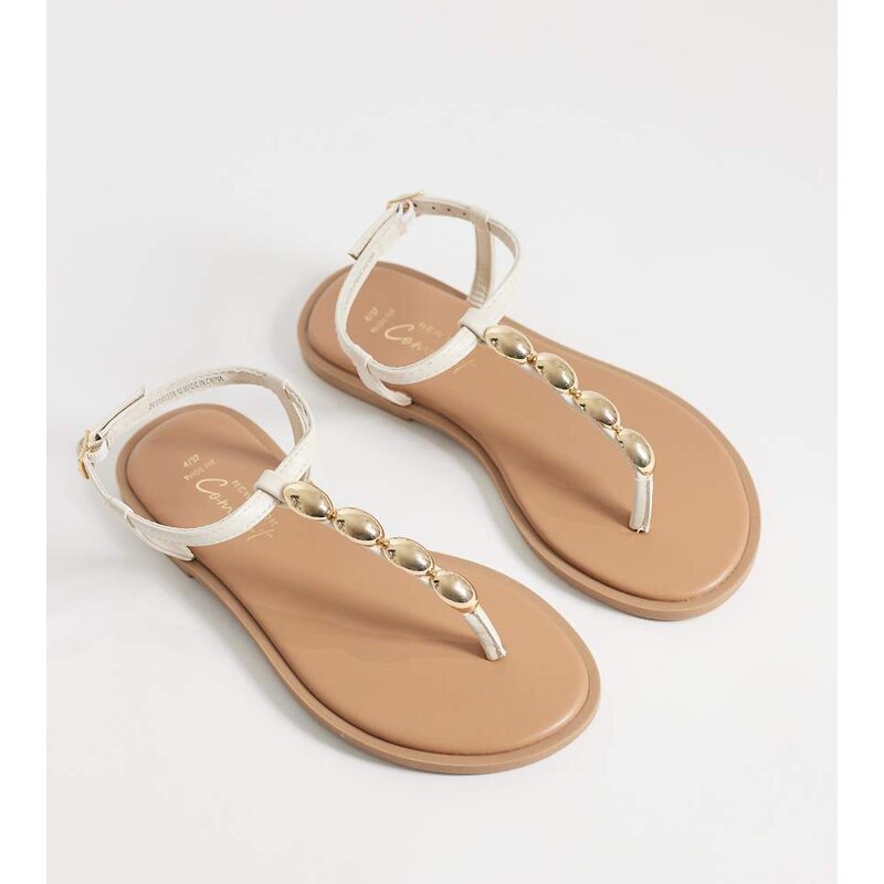 New Look Wide Fit scallop detail toe post sandal in off white