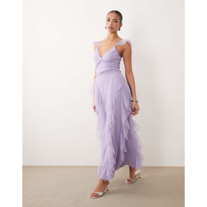 Lace & Beads tulle flutter sleeve ruffle maxi dress in lilac