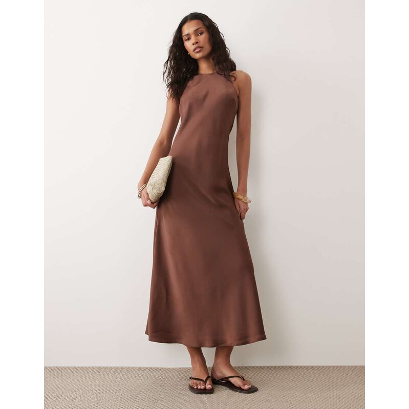 New Look high neck satin maxi dress in brown
