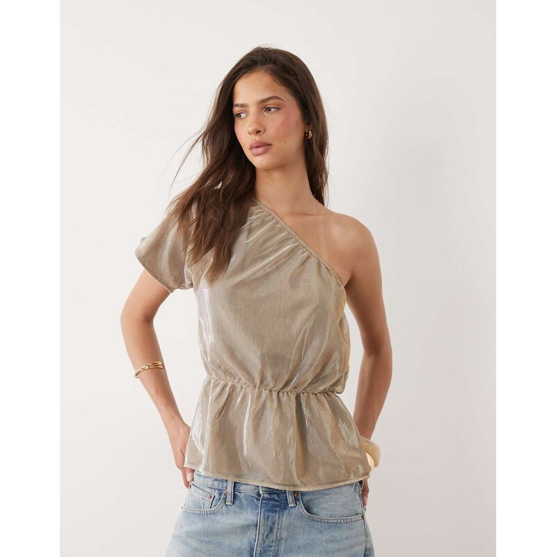 Motel Astria one shoulder tie belt top in gold-Grey