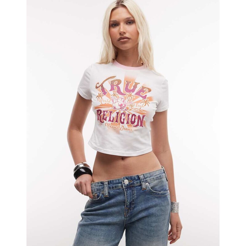 True Religion crystal heritage graphic ringer cropped baby tee