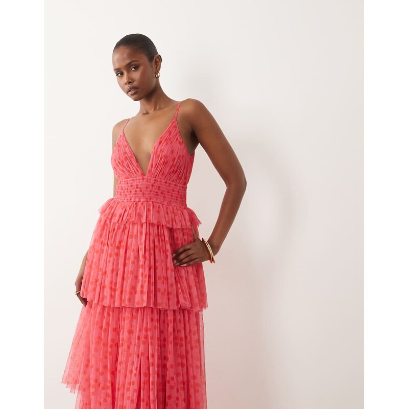 Lace & Beads tulle cami plunge tiered maxi dress in pink red