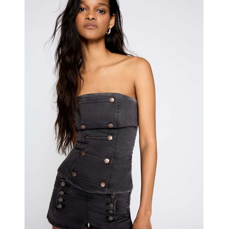 Bershka Button bandeau top in dark grey