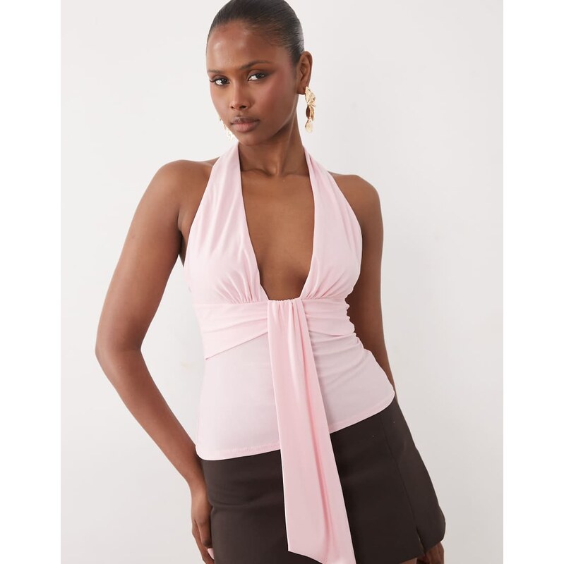 ASOS DESIGN slinky plunge top with sash in pale pink