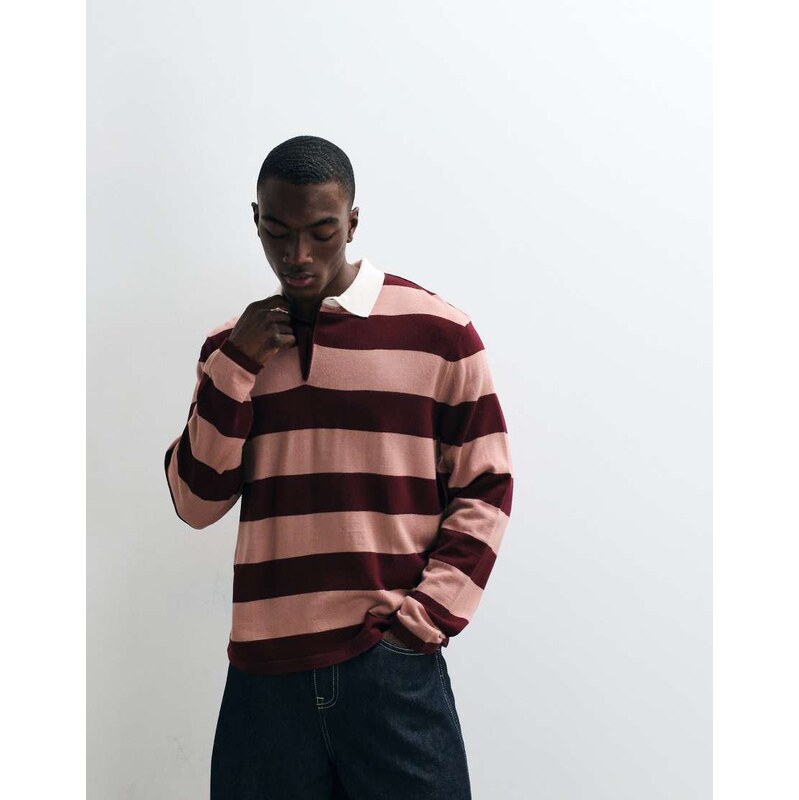 ASOS DESIGN relaxed knitted long sleeve striped rugby polo in
