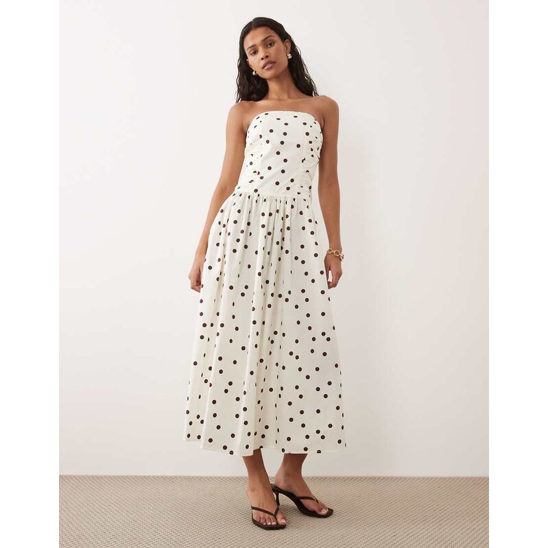 New Look polka dot bandeau ruched midi dress In cream-White