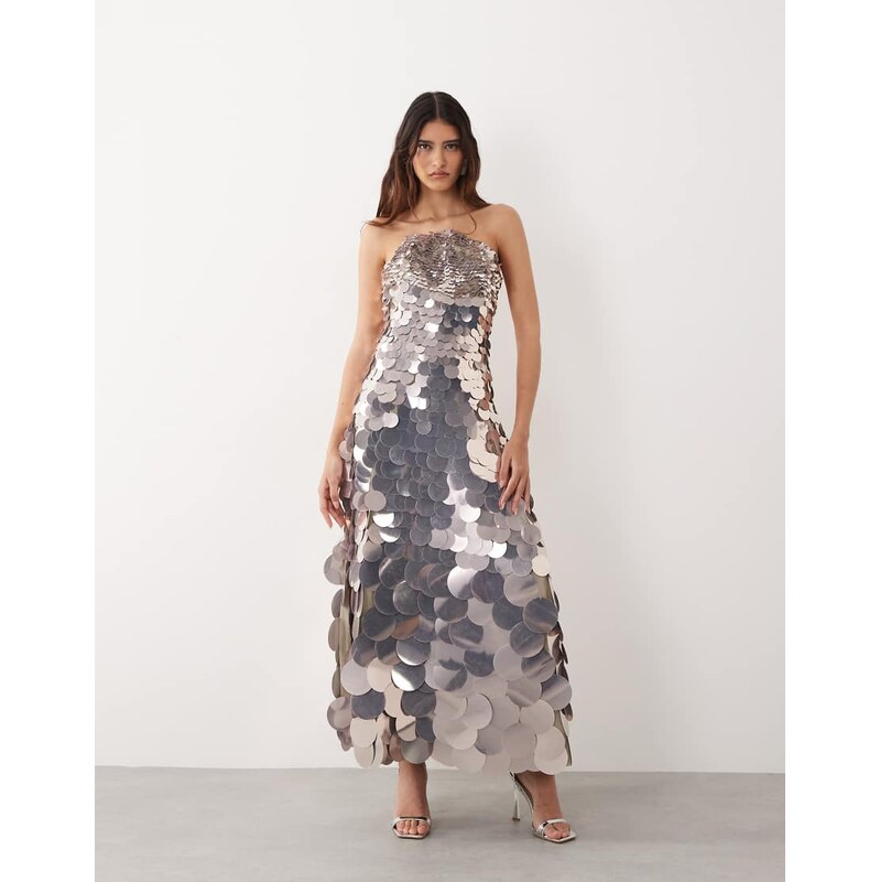 ARRANGE disc sequin crescent bandeau maxi dress in silver