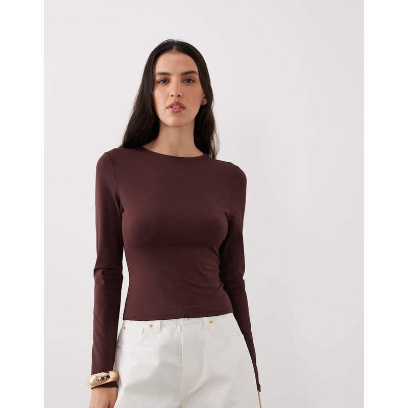 ASOS DESIGN polyamide slinky long sleeve top in chocolate-Brown