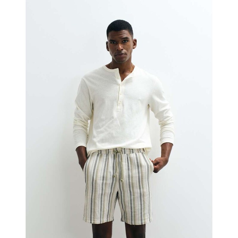 ONLY & SONS tie waist shorts in cream and sage stripe-Green