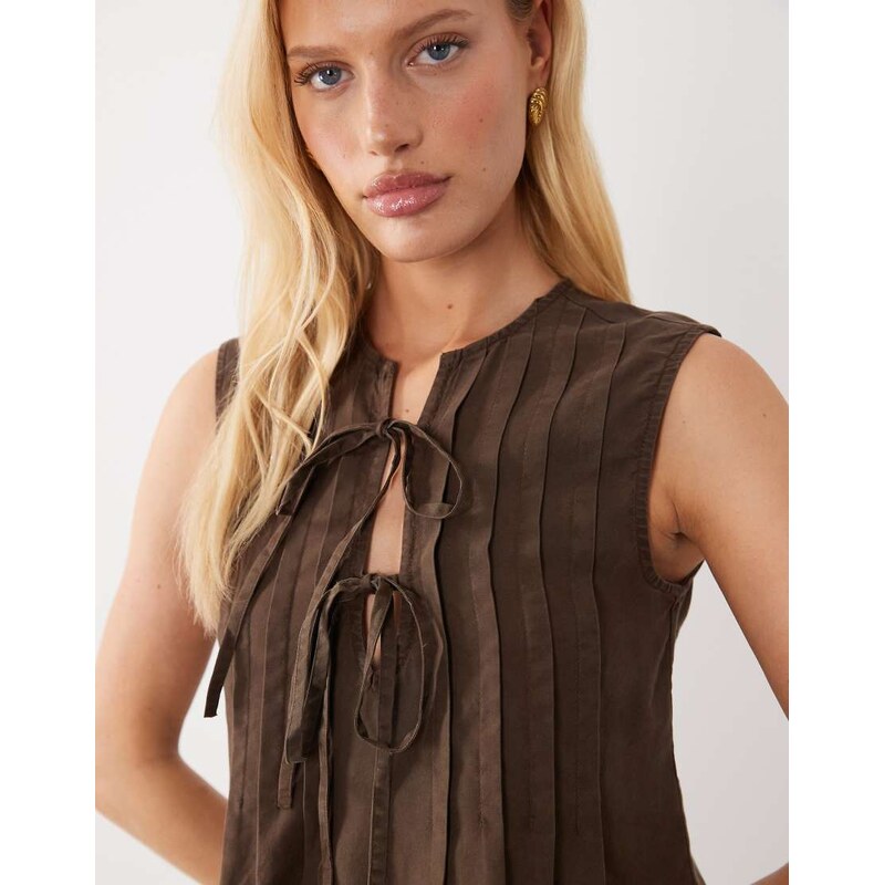 Vila tie front sleeveless pleated top co-ord in brown
