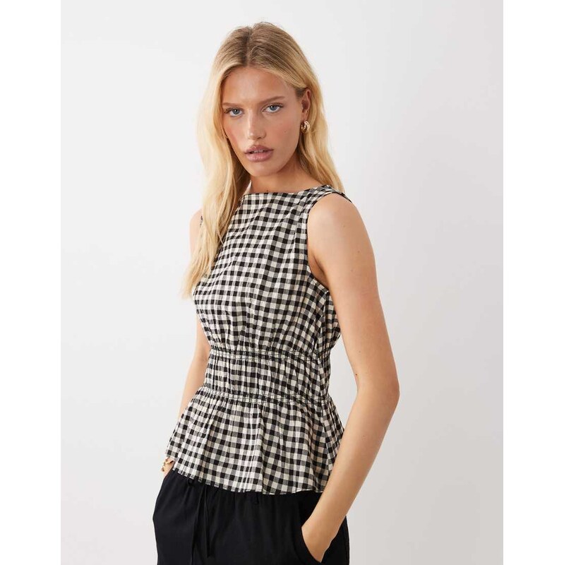 ARKET cotton rich shirred bodice top in black and white gingham