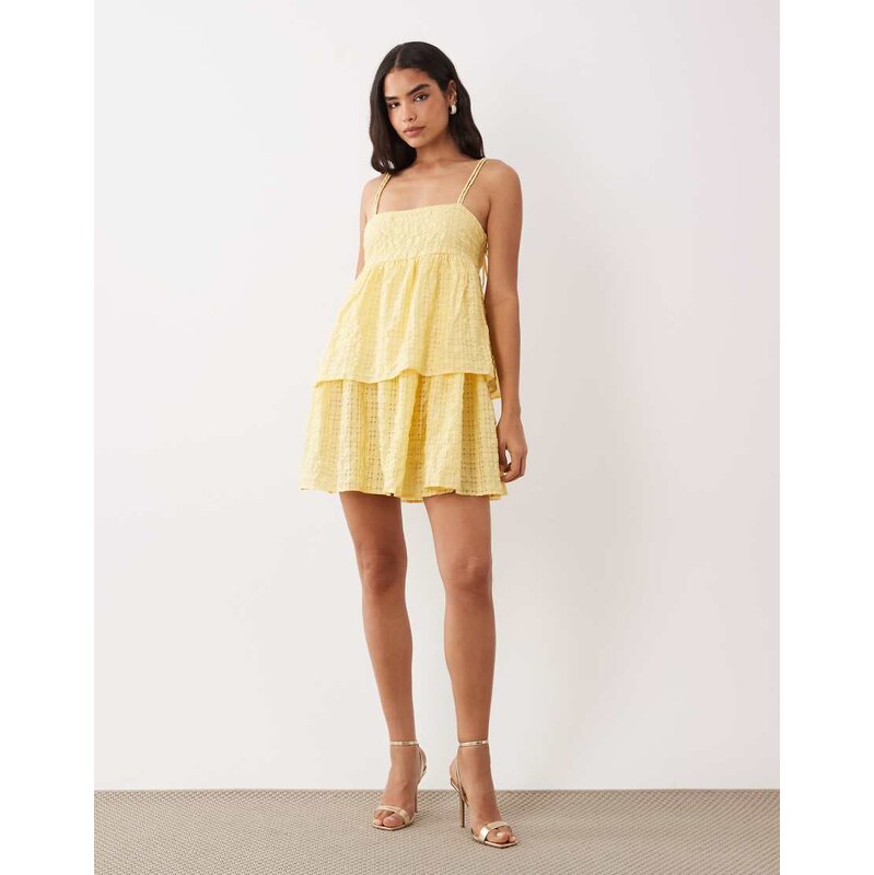 Vila tiered gingham textured mini dress in pastel yellow